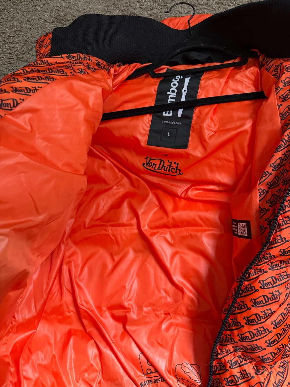 Von Dutch Orange All-Over Logo Puffer Jacket with Fur-Trim Hood - Picture 3 of 7